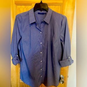 Women’s striped button up blouse.